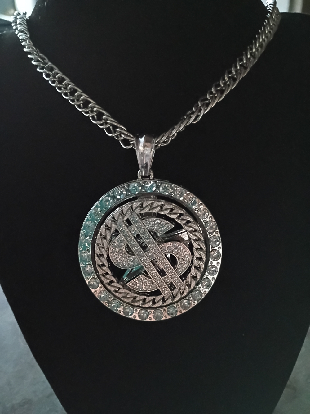 Silver-Tone Rhinestone Spinner Dollar Sign Pendant Necklace